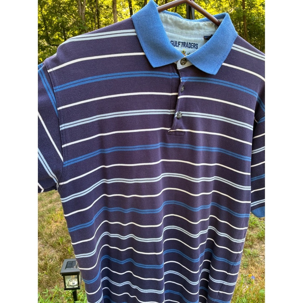 Vintage Gulf Traders Classic Polo Shirt Mens M Blue Striped 100% Cotton Golf Y2K - Picture 5 of 9
